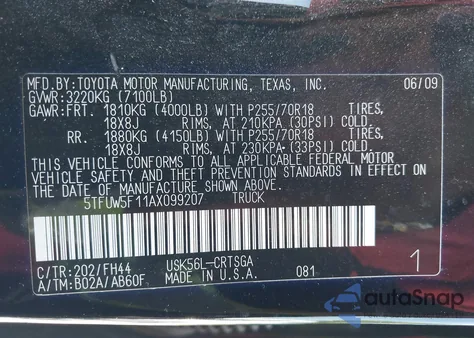 2010 Toyota Tundra Grade 5.7L V8 from USA, damaged, VIN 5TFUW5F11AX099207